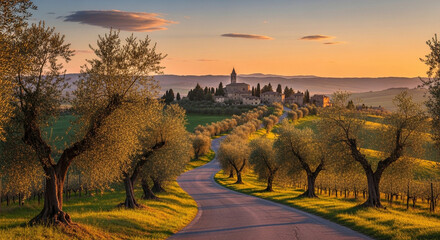 Fototapeta premium Tuscany landscape with olive trees at sunset. Italian village road in summer evening light.