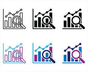 Fototapeta premium Icon set of data analysis showing bar charts and line graphs examined by magnifying glass tool.