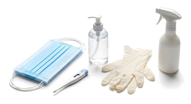 COVID-19 Protection Kit: Essential items for personal protection against the virus, including a face mask, hand sanitizer, medical gloves, digital thermometer, and disinfectant spray.