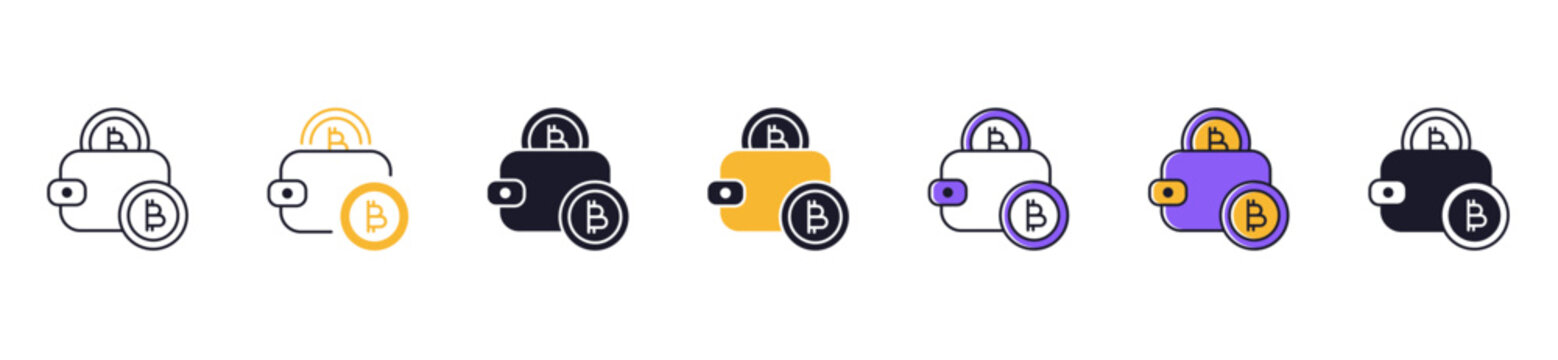 Crypto wallet icon set collection featuring digital wallet, cryptocurrency storage, blockchain wallet, secure crypto, bitcoin wallet vector illustration