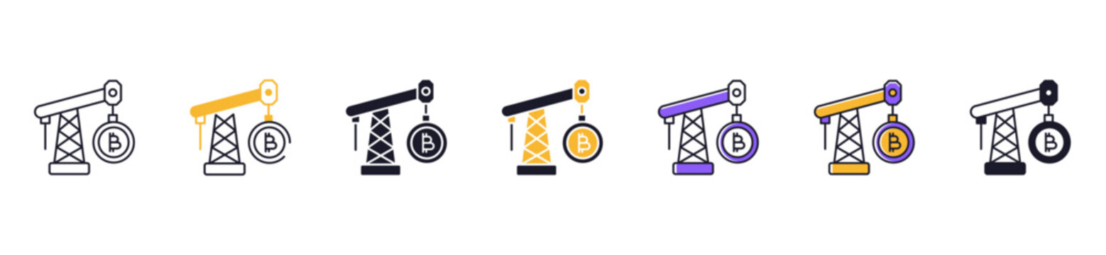 Mining rig icon set collection featuring GPU mining, cryptocurrency hardware, bitcoin mining machine, blockchain compute, digital mining vector illustration