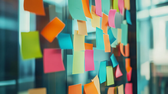 Colorful Sticky Notes on Glass Wall for Creative Brainstorming and Project Planning.