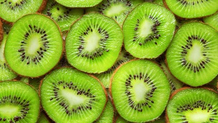 Fresh Green Kiwi Fruit Slices Pattern Background for Healthy Eating and Nutrition Flat Lay Close-up Macro View © epos studio art