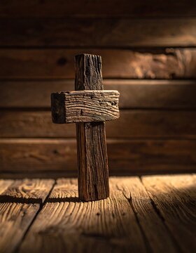 A rustic wooden cross on a wooden floor and wall background
