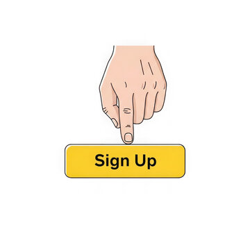 Human hand pressing a yellow sign up button isolated on transparent