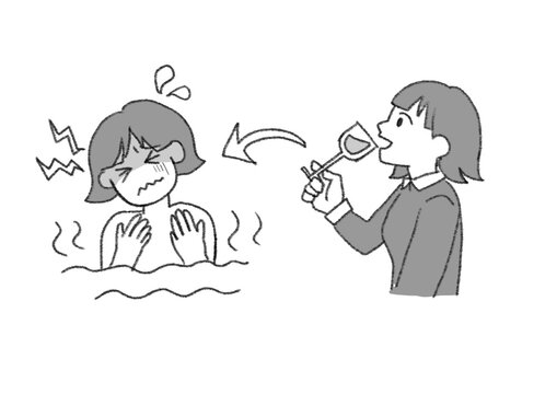 飲酒後に入浴して具合が悪くなる女性のイラスト。温泉や銭湯での酒気帯び入浴の危険性を伝える注意喚起案内に使えるシンプルなモノクロ・白黒JPGカット素材。