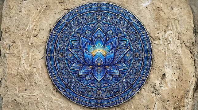 Blue lotus flower mandala design with intricate petals and patterns on a textured background.