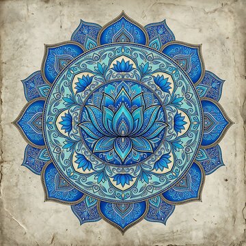Blue lotus flower mandala design with intricate petals and patterns on a textured background.