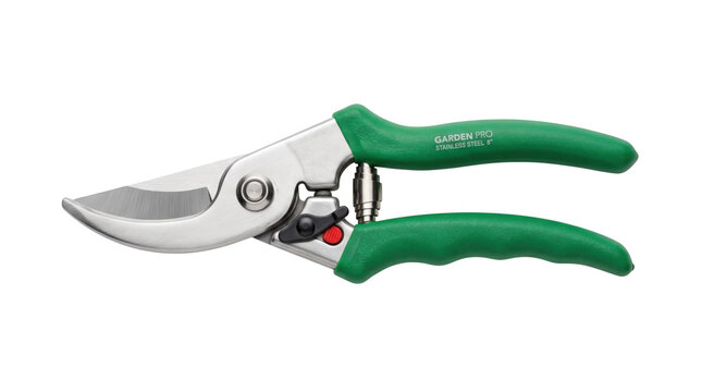 Green garden secateurs isolated on white background
