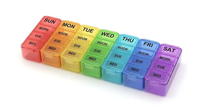 Colorful weekly pill organizer with daily compartments.