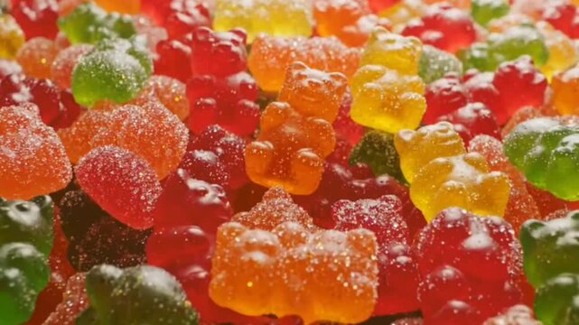 Colorful gummy bear candies piled together with sugary texture in close up cinematic footage showing vibrant assorted fruit flavored jellies heap full background.