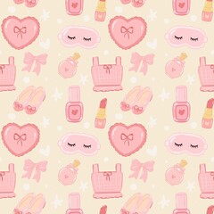 Cute pink coquette aesthetic seamless pattern with plaid crop top, ballet flats, nail polish, lipstick, perfume, eye mask and heart pillow on beige background © Ngoc