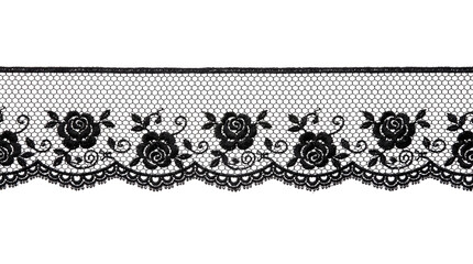 Black lace ribbon trim with floral rose pattern, isolated element cutout for fashion design, scrapbooking, and sewing, transparent PNG © creativestock