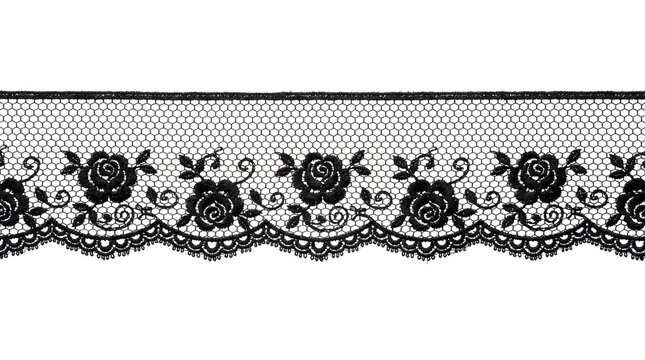 Black lace ribbon trim with floral rose pattern, isolated element cutout for fashion design, scrapbooking, and sewing, transparent PNG