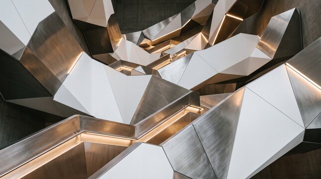 Abstract Geometric Parametric Staircase with LED Light and Brushed Steel Panels Architecture Background