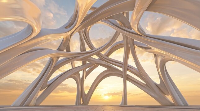 Worms Eye View of Abstract White Parametric Waves Archway, Golden Hour Futuristic Architectural Sky