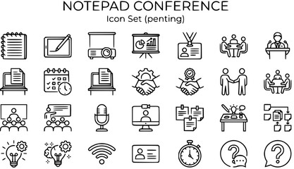Fototapeta premium Business Meeting Conference Outline Line Art Icon Set: Presentation, Communication, Education, and Idea Vector Collection