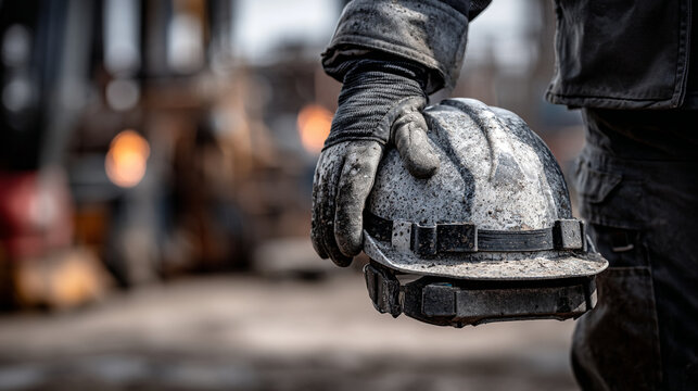 Industrial construction worker holding a dirty safety helmet with hard hat, protective