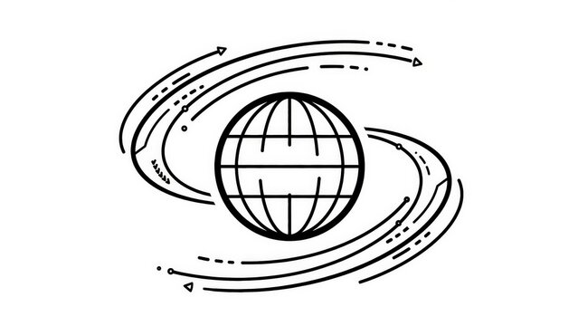 Minimalist black and white line art illustration of a globe with orbiting arrows representing global network and communication