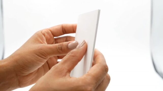 Close up shot of woman hand holding blank white paper card isolated on white background showing texture and high quality stationery stock for creative project.