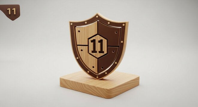 Wooden shield trophy with number 11, handcrafted timber award on pedestal, rustic security emblem for anniversary or ranking achievement