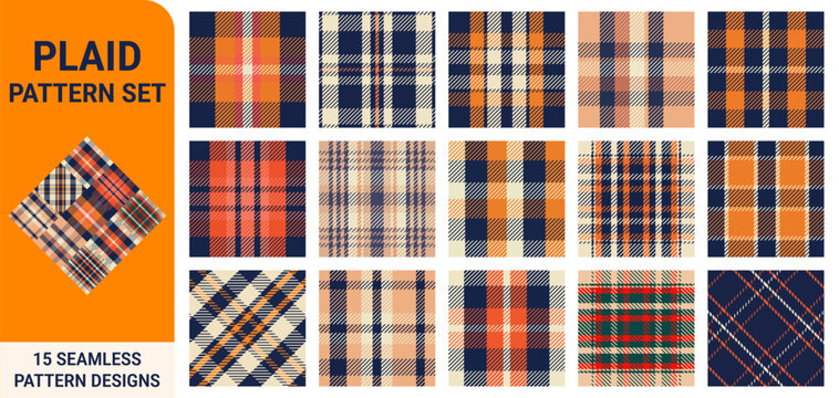 Collection of 15 seamless plaid and tartan pattern designs in orange, blue, and beige for classic textile and fabric prints.