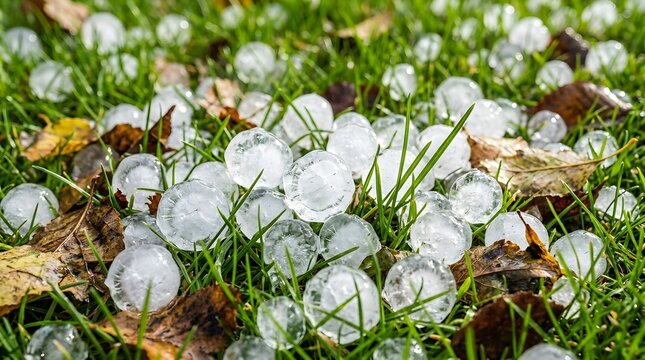 Hail stones covering green grass after a summer storm with precipitation