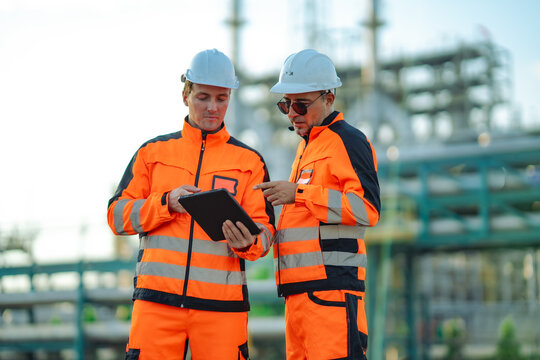 Industrial engineers reviewing inspection data on a tablet petrochemical plant. Engineering collaboration, digital workflow, maintenance planning, process optimization, industrial technology.