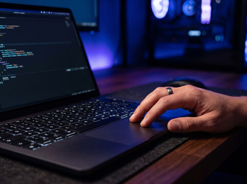 Hand Working On Laptop Trackpad With Code On Screen