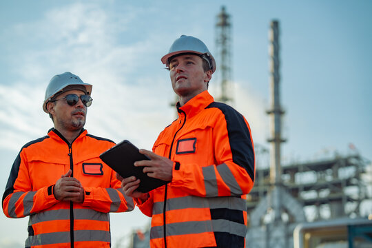 Industrial engineers exchanging technical information during a refinery site inspection. Engineering collaboration, digital workflow, industrial safety, maintenance planning, operational efficiency.