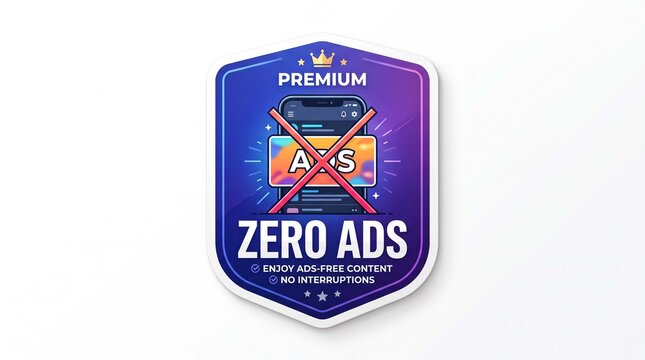 Premium zero ads shield sticker vector illustration for ad free content and mobile subscription services