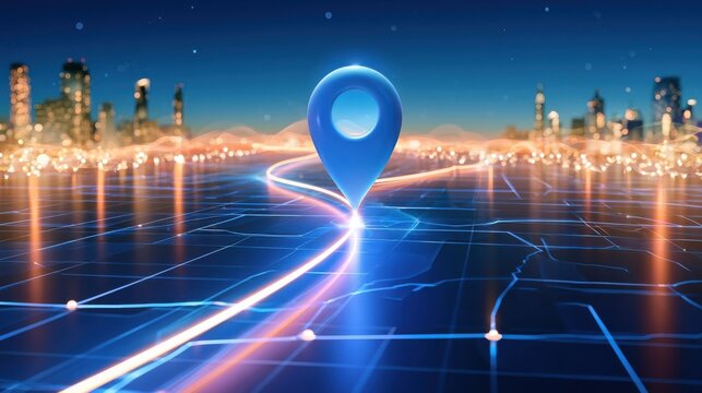 Glowing location pin on digital map with city skyline background