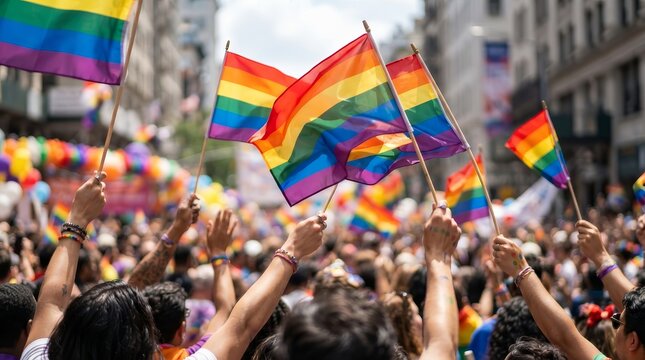 Diverse crowd waving colorful LGBTQ pride flags during a solidarity parade.