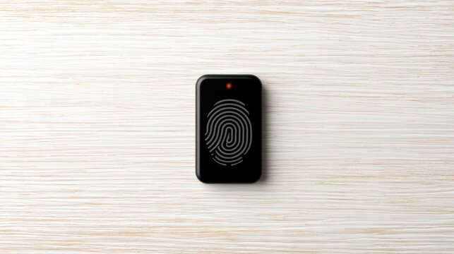 Modern biometric fingerprint scanner device for secure access control systems on wooden background surface top down view