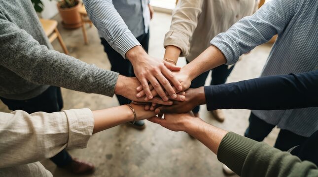 Hands of a multicultural team joined together to show business teamwork and support.
