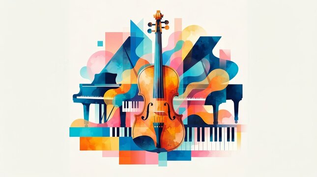 Modern composition of a violin and piano keys in a bright abstract style.
