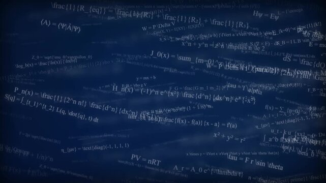 Abstract dark blue motion background featuring complex mathematical equations and physics formulas for science.