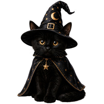 Black kitten wearing witch hat and magic cloak for halloween isolated on transparent background.