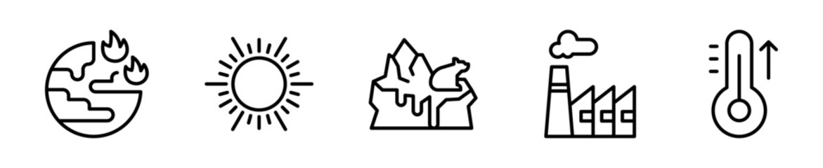 Set de 5 iconos de cambio climático con termómetro y planeta. Vector outline © Alejandro