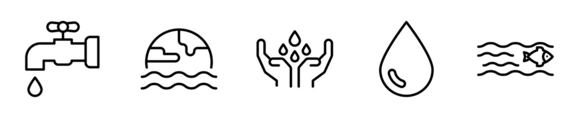 Set de 5 iconos de agua y cuidado ambiental con gota y llave. Vector outline © Alejandro