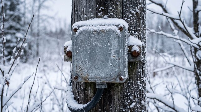 Snow covers a power box on a wooden post in a winter landscape surrounded by trees