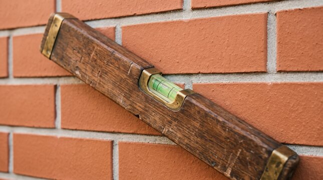 Old level tool rests against brick wall while builder checks alignment during construction work in a renovation project