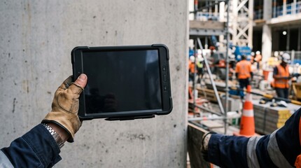 Fototapeta premium Construction workers using a tablet on a busy job site during the day