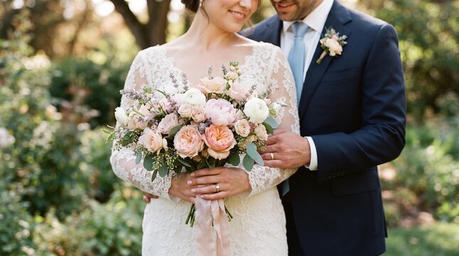 Close up photo of a bridegroom embracing a bride
