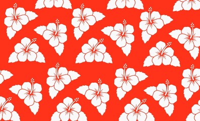 Red background with white hibiscus floral seamless pattern, Malaysian national flower vector background © Muhamad Afzamiman