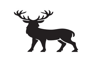 Fototapeta premium Black silhouette of a standing stag with large antlers isolated on white background, Vector