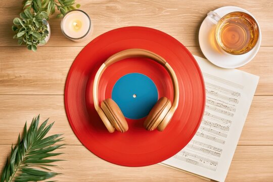 Overhead flat lay with red vinyl record headphones sheet music tea candle and green plant on wooden table