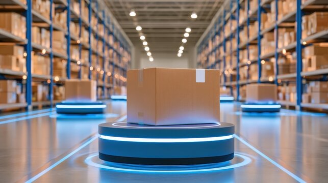 Automated warehouse interior with robotic platforms transporting cardboard boxes