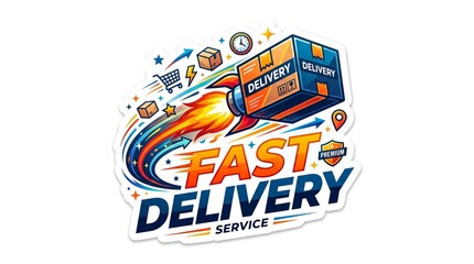 Fototapeta premium Fast shipping and delivery service sticker featuring a rocket cardboard box