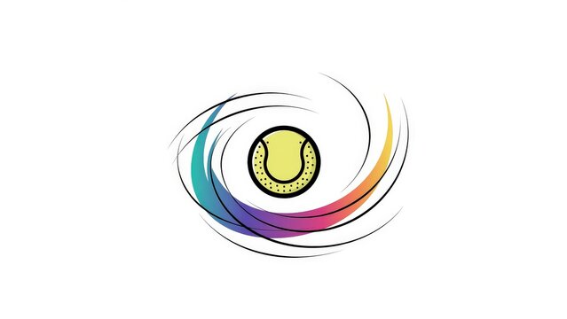 Dynamic colorful tennis ball logo with swirling holographic ribbons on white background vector illustration